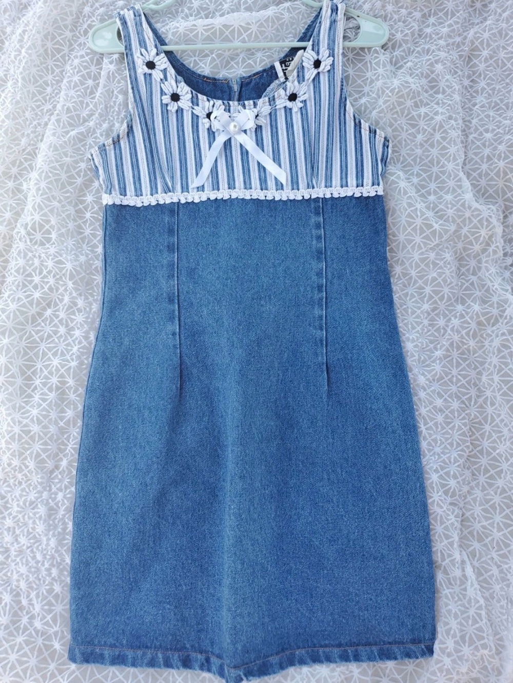 Blue Denim Midi Dress with Striped Bodice